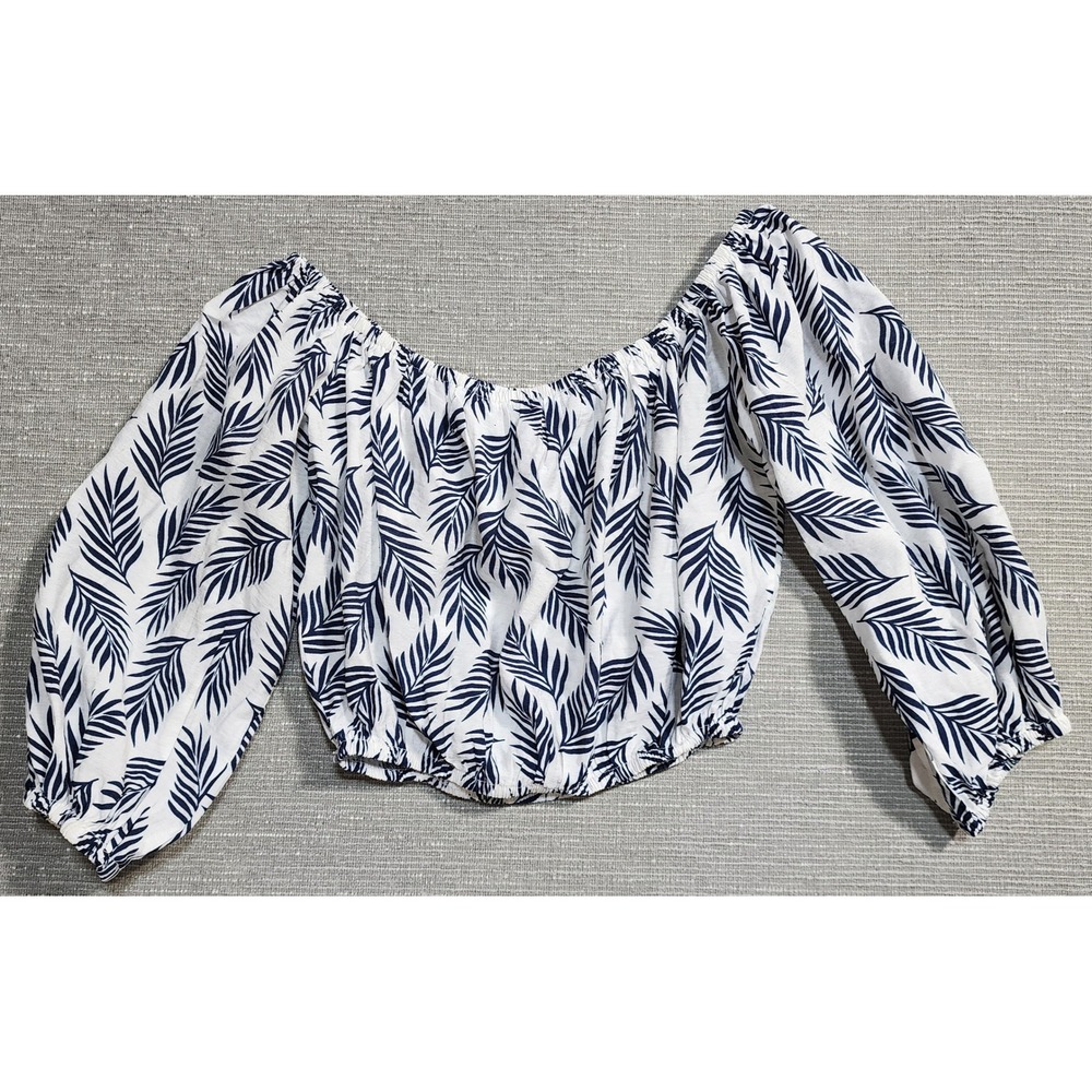 Lulus Womens XS Off The Shoulder Crop Top Navy Blue White Tropical - Picture 6 of 10